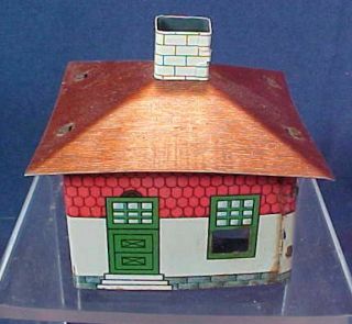 Vintage White Red House Building Chimney Tin Candy Container Glass Insert Clip