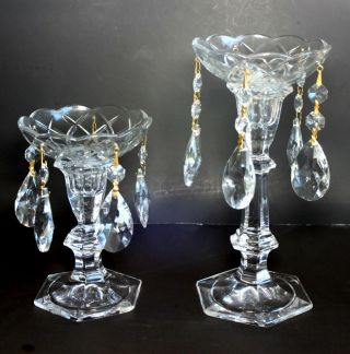 Vintage Crystal Candle Holders Set Of 2 With Prisms Hexagon Base.