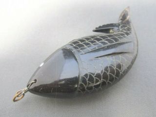 Vintage Large Hand Carved Ebony Wood Inlay Mother Of Pearl Fish Pendant