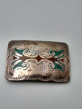 Vintage Sterling Silver Navajo Turquoise Coral Chip Inlay Belt Buckle