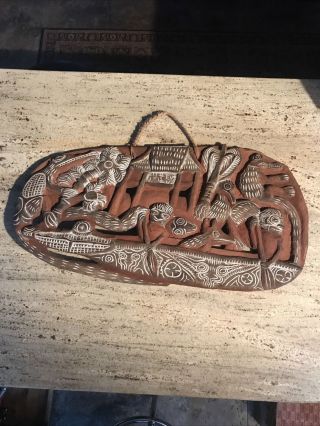 Large Papua Guinea Kambot Carved Wood Relief Story Board 26”x14” Vg