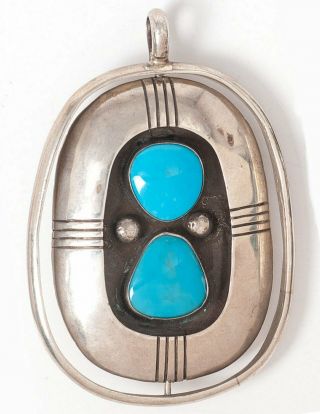 1960s Native American Navajo Indian Sterling Silver Turquois & Coral Pendant