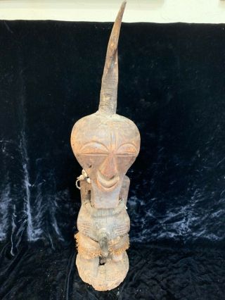 Antique African Art Hand Carved Wood Figure Standing Man Horn,  Cloth,  Beads 25”