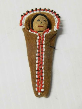 Vintage Antique N.  Cree / Athabaskan Miniature Indian Beaded Hide Cradleboard -