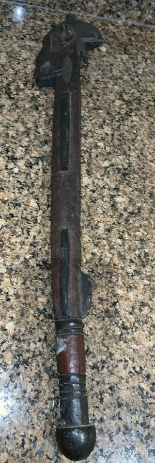West African Tribal Art Carved Wood Axe Handle,  Modelled As Tattooed Gent