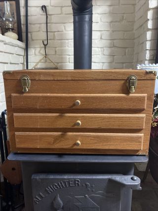 Vintage Oak ? Machinist Wood Tool Box Chest 3 Drawer And Lid With Handles