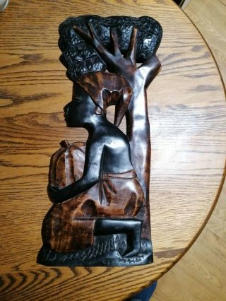 Wooden Hand Carved Ghanaian Wall Plaque Of A Woman Under A Tree