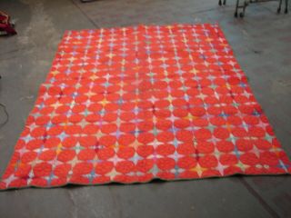 Vintage Hand Sewn Star Pattern Quilt 64 " X 80 " Red
