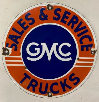 Vintage Porcelain Gmc Sales & Service Trucks 11 3/4” Enamel Sign