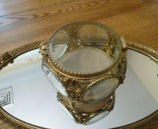 Vintage 5 Panel Glass Beveled Window Ormolu Casket Jewelry Box Display Case