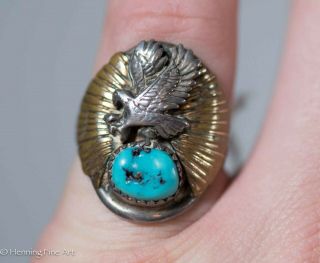 Vintage Southwest Native American Sterling Mens Ring Turquoise W/ Eagle Signed