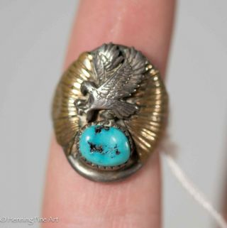 Vintage Southwest Native American Sterling Mens Ring Turquoise w/ Eagle Signed 2