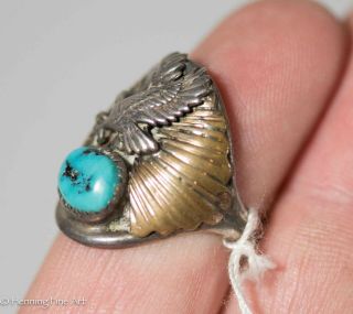 Vintage Southwest Native American Sterling Mens Ring Turquoise w/ Eagle Signed 3