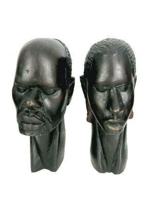 2 Tribal Ebony Hand Carved Heads African Wood Bust Black Native Sculptures 9 "