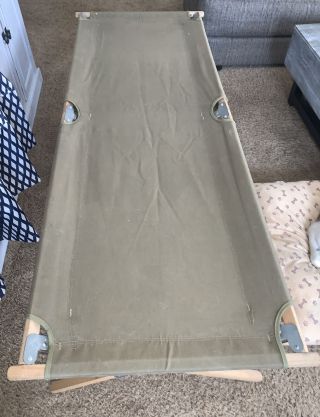 Vtg Army Military Folding Camping Bed Cot 75” X28” Oak Wood And Metal Canvas Cot