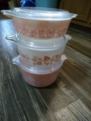 Pyrex Pink Gooseberry Vintage Casserole Baking Dishes Set 471 472 473 With Lids