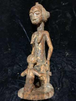 Antique African Art Hand Carved Wood Figure Seated Female Nude With Child 20”