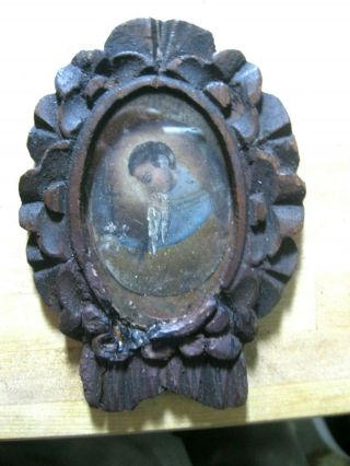 Antique Miniature Painting On Tin With Old Ornate Wood Frame