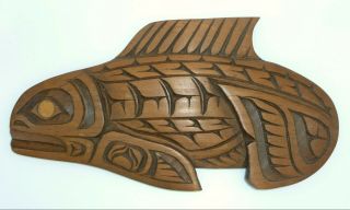 1987 Signed First Nations Wood Carving Salmon Art Arvid Charlie ? Simon Canadian