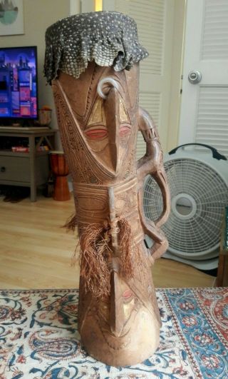 Vintage Papua Guinea Kundu Drum Snake Or Gator Skin Top Hand - Carved