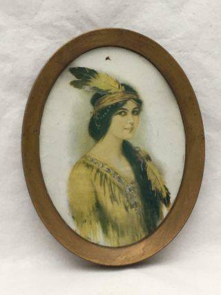 Antique Native American Indian Princess Lithograph / Print In Tin Frame