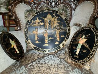 Vintage 3 Pc Japanese Wall Art Round Black Lacquer Mother Of Pearl Geisha 30 " Dia