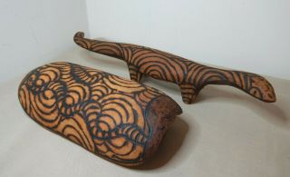 Vintage Australian Aboriginal Carved Wood Pokerwork Lizard & Coolamon
