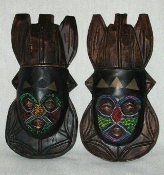 Vintage Pair Carved 12 " African Beaded Wood Face Mask Inlaid Brass Ghana Ashanti