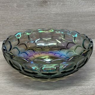 Vintage Blue Iridescent Carnival Glass Fruit Bowl Candy Dish Scalloped Edges 9in