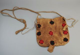 Unusual Small North American Native Indian Hide Bag With Beads Beadwork & Strap
