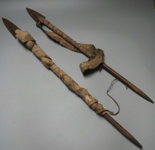 Pair Old Antique African Tribal Art Hunting Fishing Spear Heads Arrows W Leather