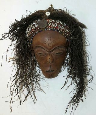Rare Old Chokwe People Wood Mask With Cowrie Shells,  Beads,  Straw - From Congo