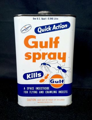 Vintage 1950s 60s Gulf Oil Space Insecticide Old Tin Metal Can Sign Graphic