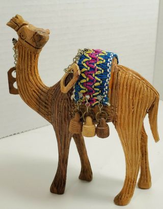 Vintage Hand Carved Wood Camel Figurine 5 1/2 " Tall With Supplies Saddle
