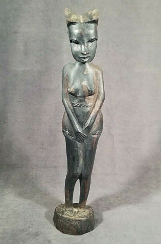 Vintage African Hand Carved Wood Figure Female Modesty Pose 14 " Kenya Mrstuff