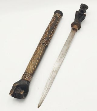 Vintage African? Batak? Hand Carved Tribal Art Knife Dagger W/ Wood Sheath 14 "
