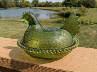 Vtg Indiana Glass Rooster Hen On Nest Green Candy Dish