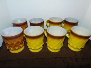 Vintage Anchor Hocking Coffee Cups - Yellow & Brown - Set Of 8