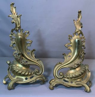 Pair (2) Antique Victorian Era French Louis Xv Style Brass Old Fireplce Andirons