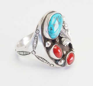 Large Vintage Sterling Silver Turquoise Coral Navajo Signed Ring Sz 13.  5
