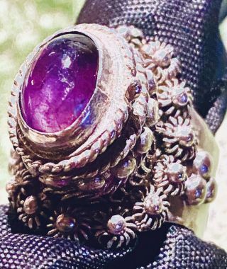 Vintage Mexican Taxco Silver 925 Cabochon Amethyst Poison Ring