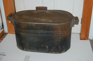 Antique Copper Canning Boiler Wash Tub Firewood Holder W/lid And Wood Handles