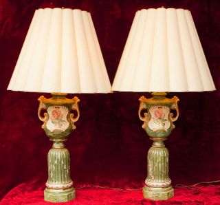 Pair Vintage Hollywood Regency Hand Painted Ceramic Electric Table Lamps