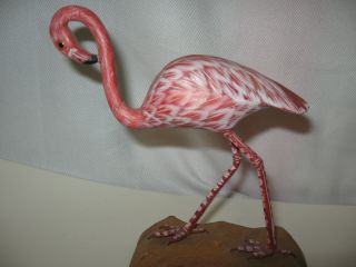 Pink Flamingo Carved Wood Bird Sculpture On Wooden Base Hand Painted