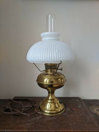 Vintage Rayo Brass Oil Lamp Hurricane Electric W Ribbed Milkglass Shade
