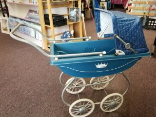 Vintage Baby Doll Buggy Carriage Stroller Canopy Metal Frame Plastic Basket