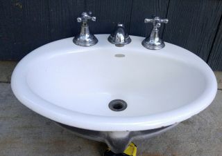 Vintage Kohler Oval Cast Iron Porcelain 19x16 Drop - In Vanity Sink Basin,  Faucet