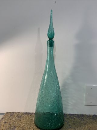 Vintage Blenko Decanter Aqua Blue/green Crackle Glass With Stopper 22.  5” Large