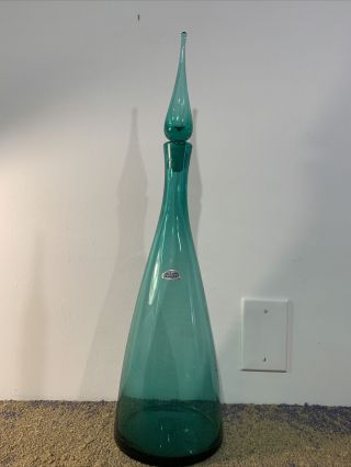 Vintage Blenko Decanter Aqua Blue/green Glass With Stopper 23” Tall