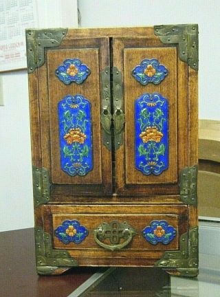 11 " Vintage Chinese Chest Jewelry Box Wood Silver Enamel Brass Silk And Floral